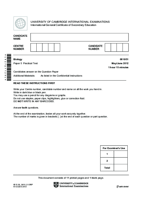 Paper 5 Summer Session 2012 BIOLOGY(0610) | IGCSE CAMBRIDGE