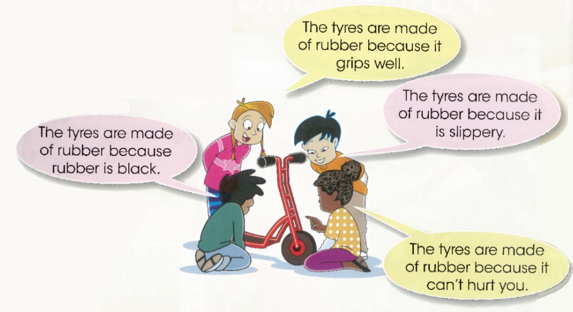 The tyres are made of rubber because rubber is black. / The tyres are made of rubber because it grips well. / The tyres are made of rubber because it is slippery. / The tyres are made of rubber because it can't hurt you.