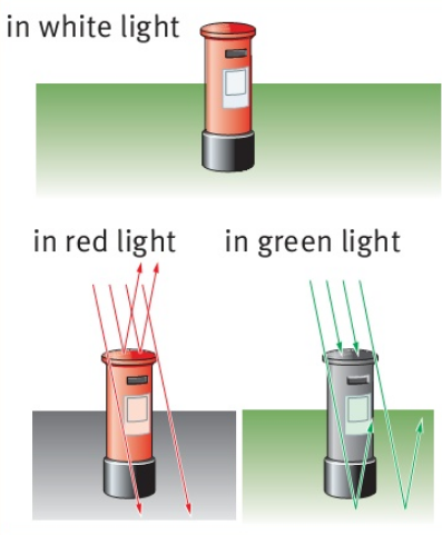 in white light in red light in green light